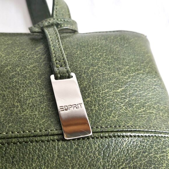 VTG ESPRIT Small Hand Tote Satchel Army Green Faux Leather Silver - Picture 3 of 9